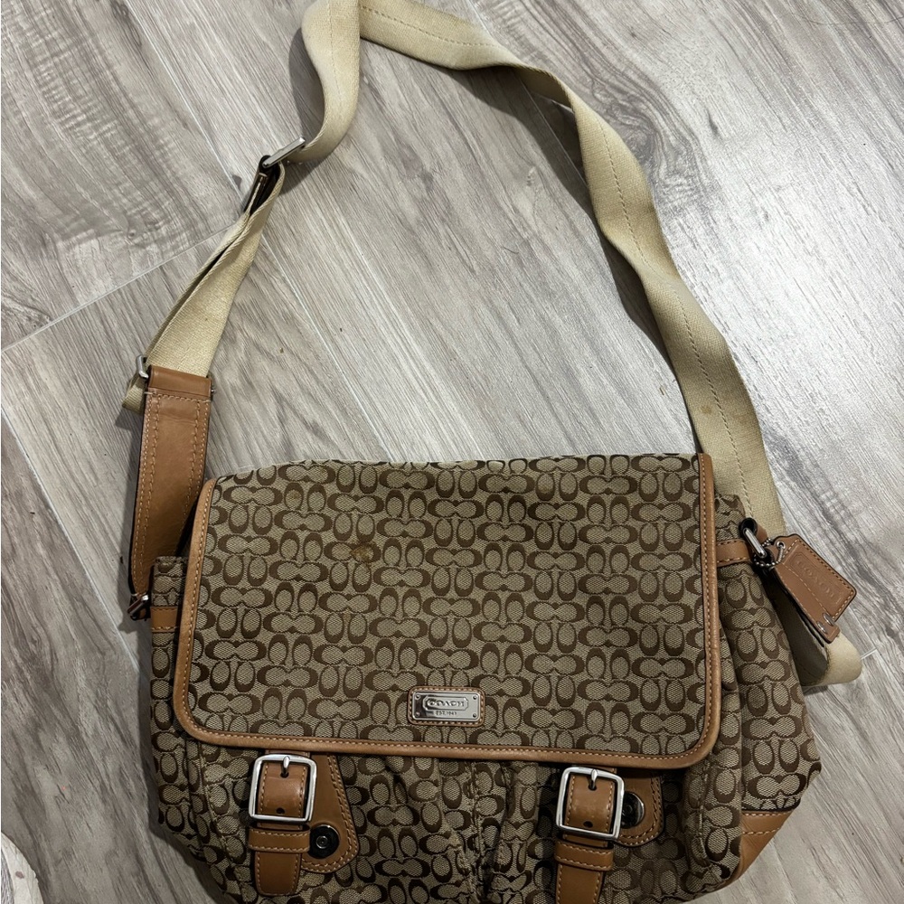 Coach Brown Signature Canvas Messenger Bag with Tan Leather Trim